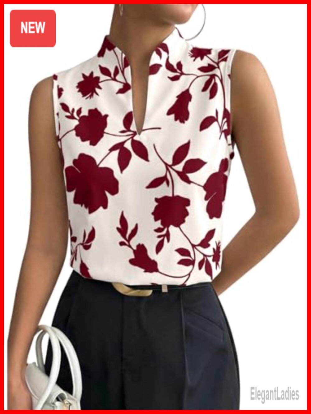 Floral Sleeveless Blouse V-Neck Business Casual Tank Top
